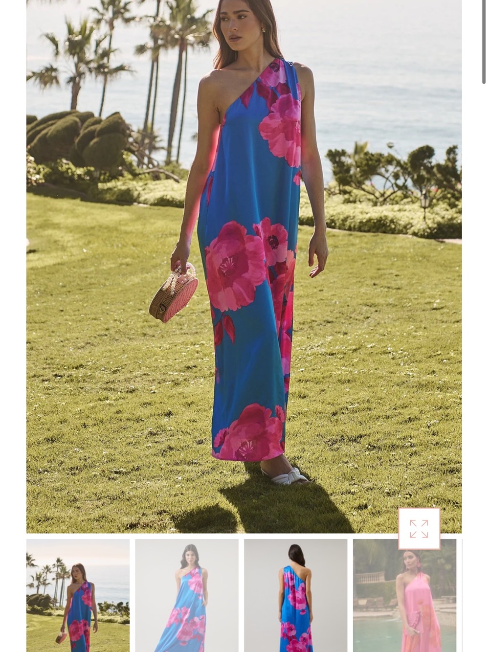 Sugarlips One-Shoulder Blue Maxi Dress with Pink Floral Print